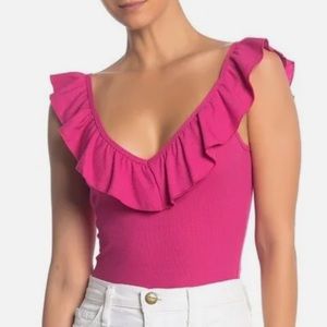 Socialite Pink Ribbed Ruffle Double V-Neck Bodysuit Size XL